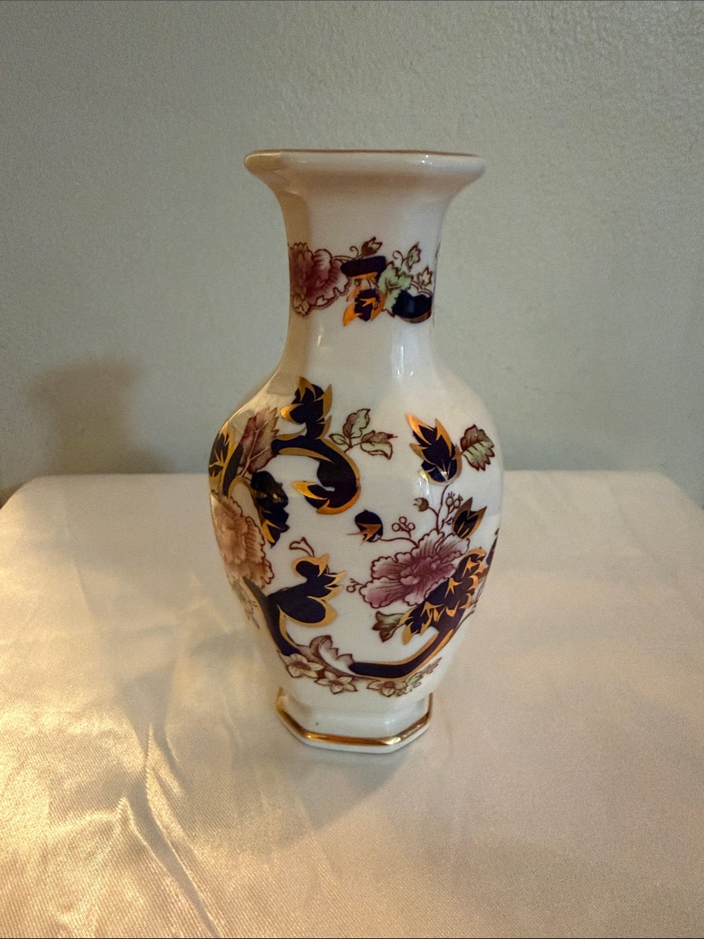 Mason White Porcelain Vase with Blue and Gold Floral Accents